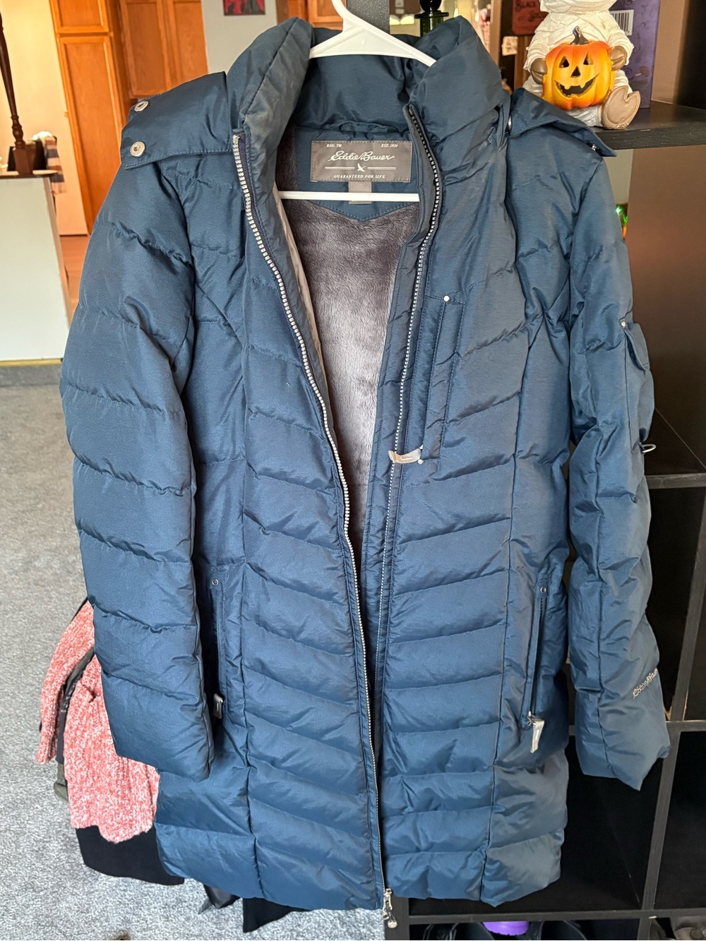 Eddie Bauer Navy Quilted Long Puffer Coat with Hood